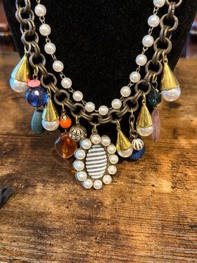 Plunder Multicolor Charm Faux Pearl Statement Necklace boho junky cowgirl gypsy